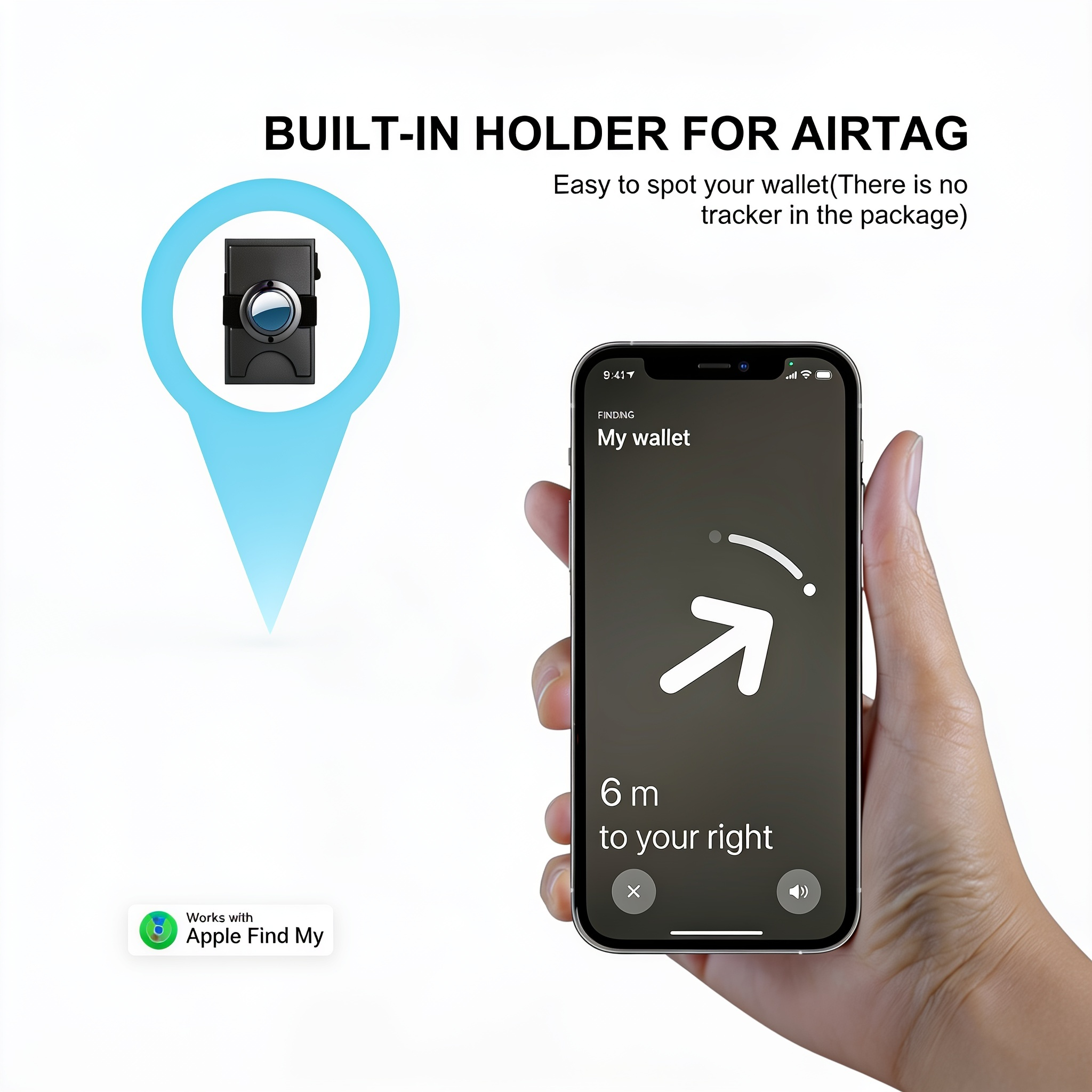 Ingebouwde AirTag-houder van de portemonnee naast een telefoon met Zoek mijn