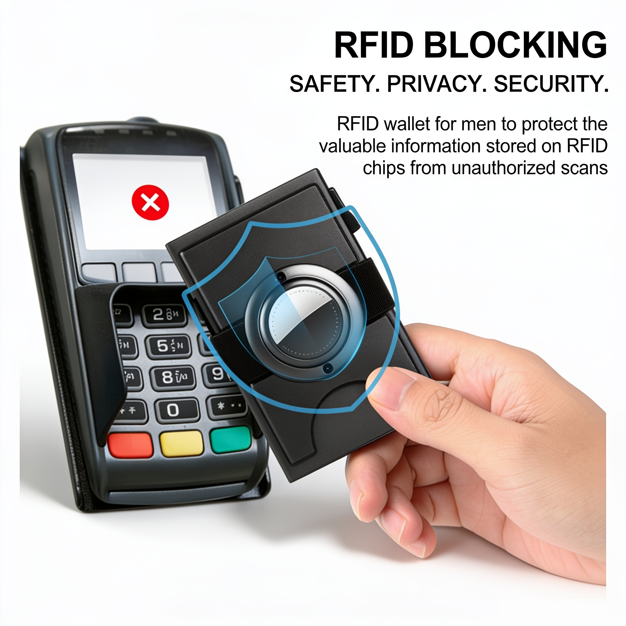 Portemonnee: demonstratie van de RFID-bescherming bij een betaalautomaat